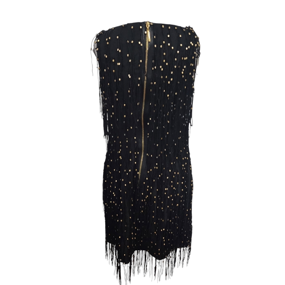 NEW Bagley Mischka Collection Silk Gold Bead Fringe Sleeveless Flapper Dress - Picture 6 of 12